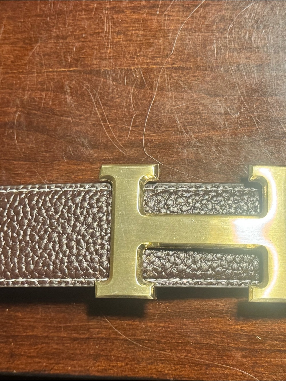 Hermes Brown Pebbled Leather Belt with Gold H Buckle